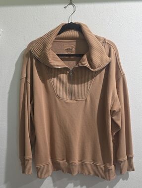 Aerie Down To Earth Quarter Zip Oversized Tan Acid Washed Shirt